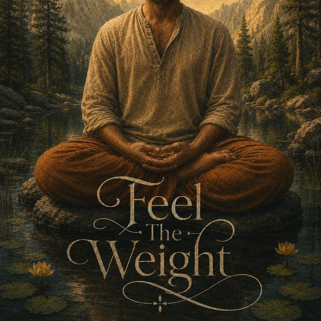 Feel The Weight single cover: a seated figure beside a mountain lake, in warm gold and forest tones.